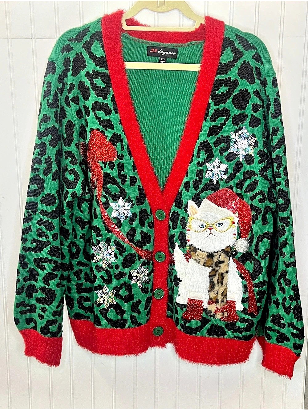 33 degrees Leopard Cat Embellished Cardigan Green Christmas XXL
